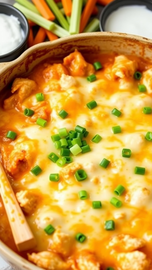 Spicy and Cheesy Buffalo Chicken Casserole A warm and cheesy Buffalo Chicken Casserole garnished with green onions, served with celery and carrot sticks on the side.